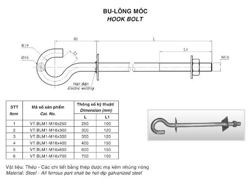 Thông số kĩ thuật của bulon móc